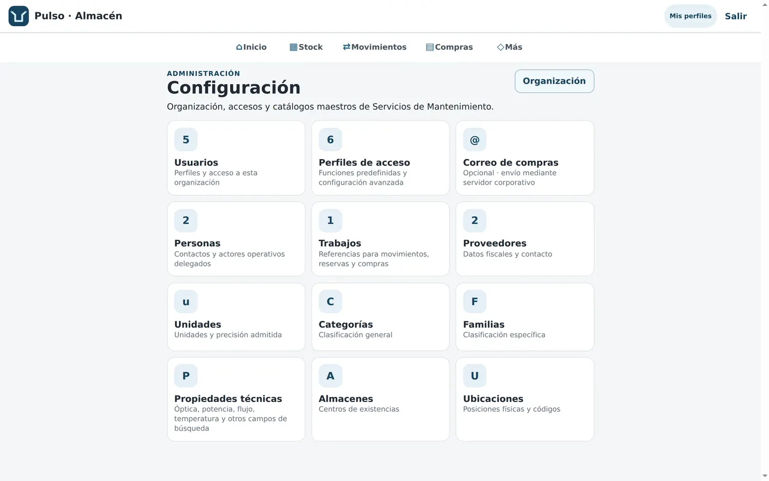Configuración: organización, usuarios y perfiles