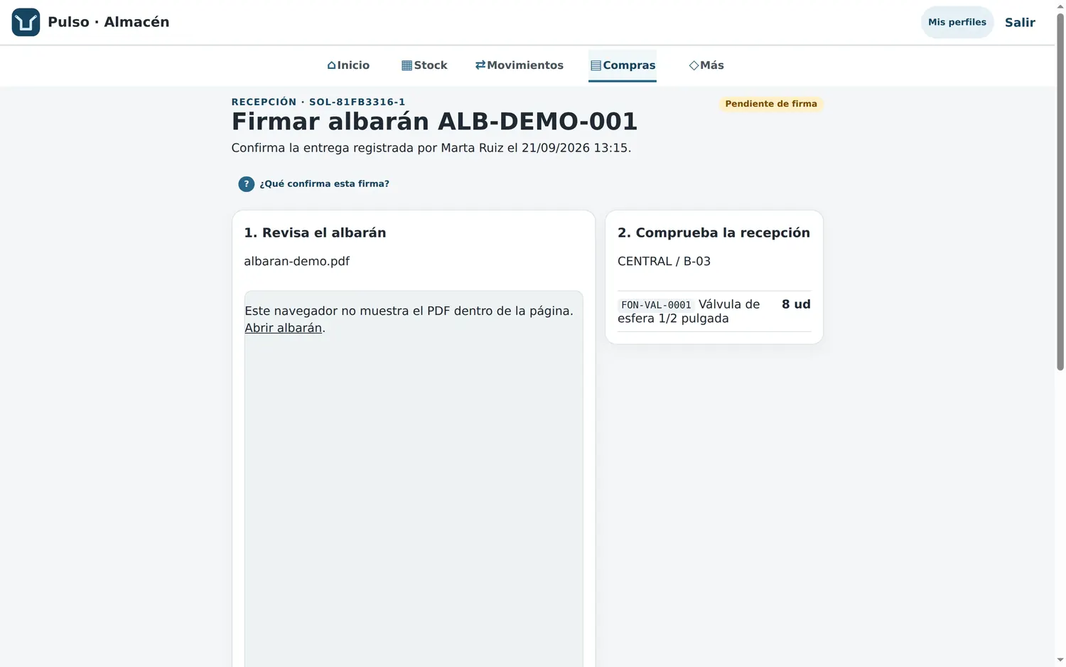 Firmar albarán: revisar el documento y confirmar la entrega