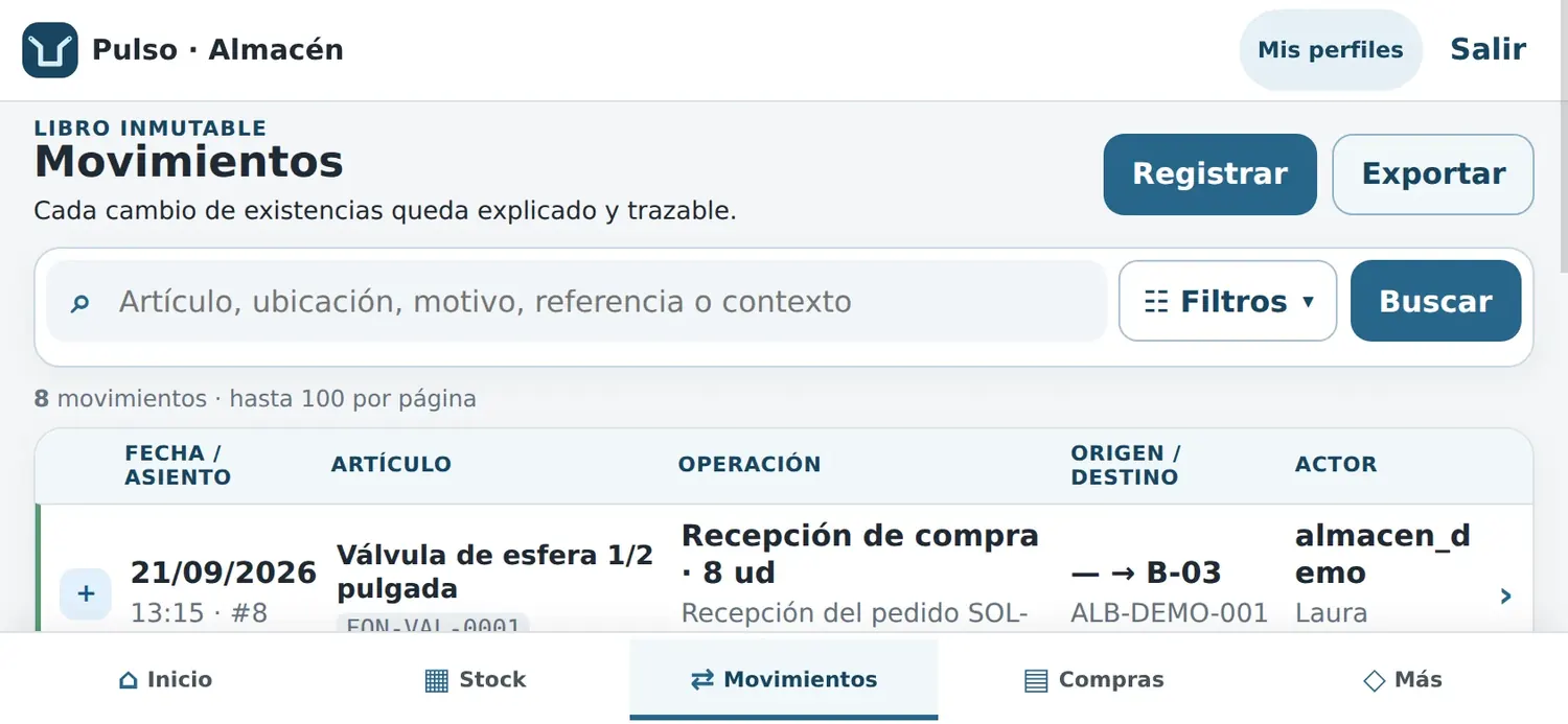 El mismo libro de movimientos con el móvil en horizontal