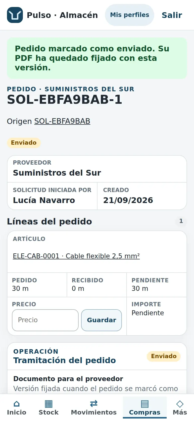 Pedido enviado con el PDF fijado