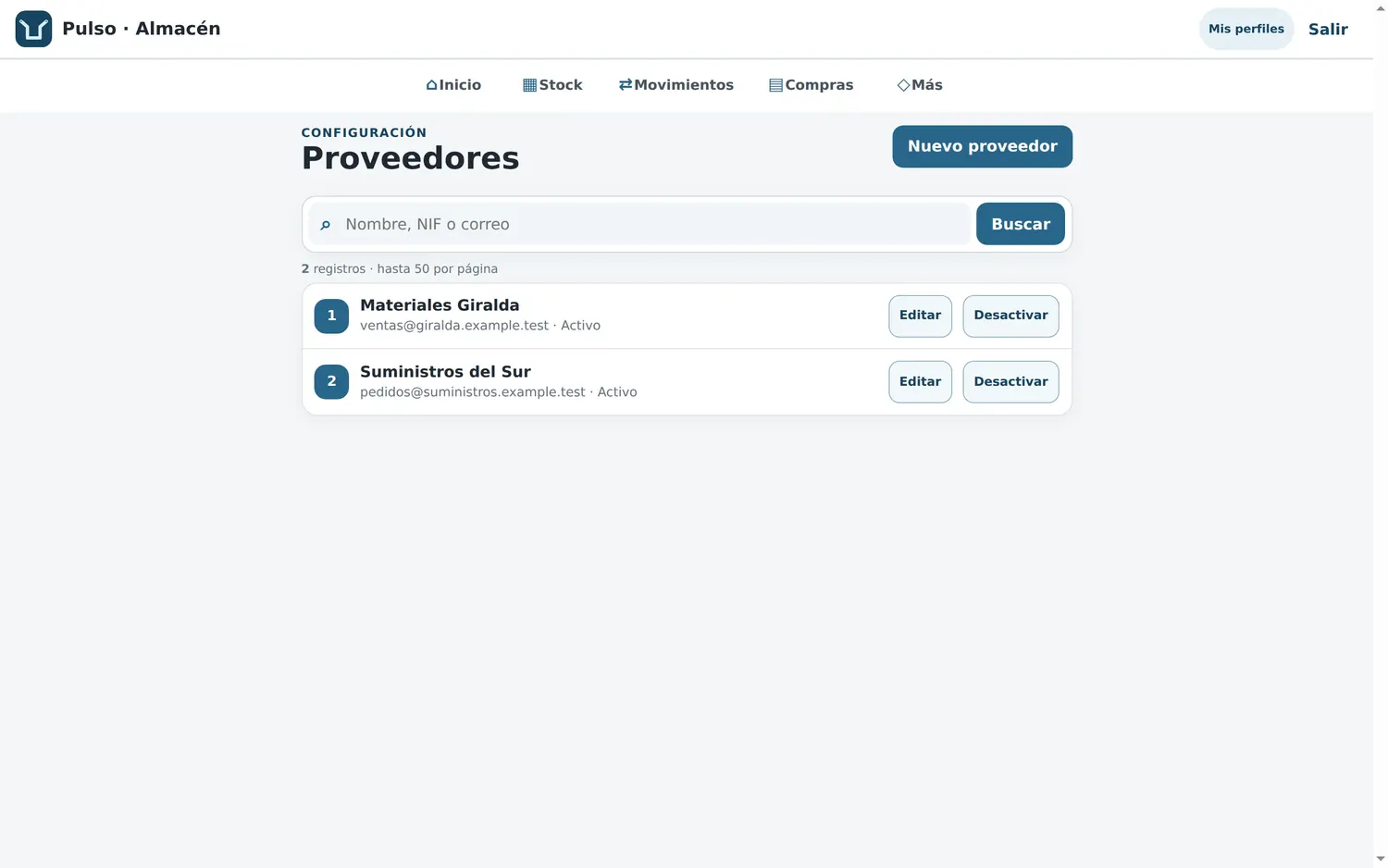 Proveedores: alta, edición y desactivación