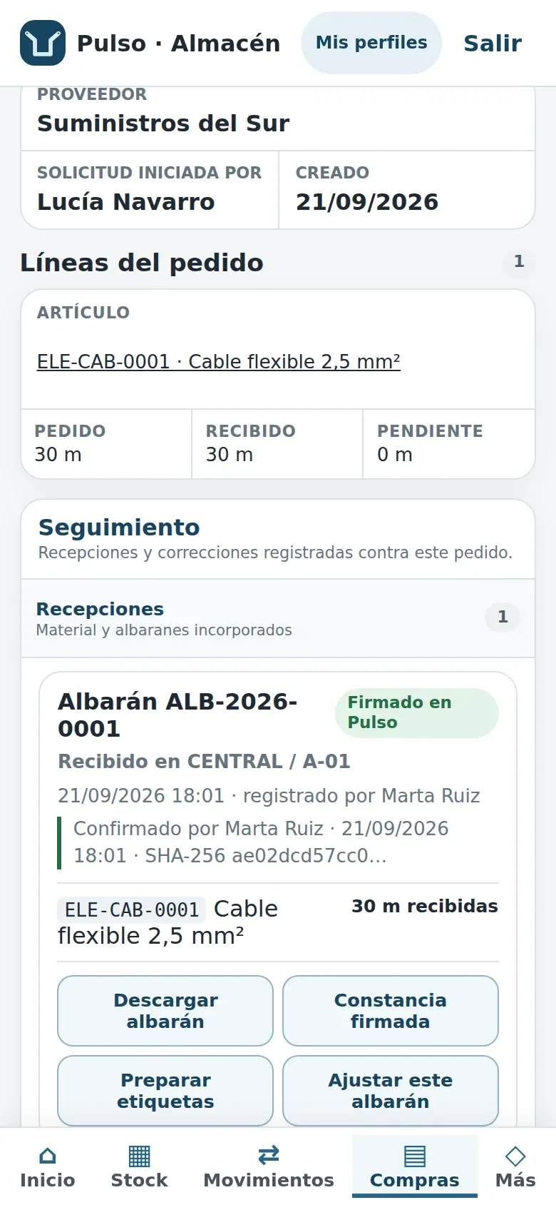 Detalle del albarán firmado: huella, constancia y acciones