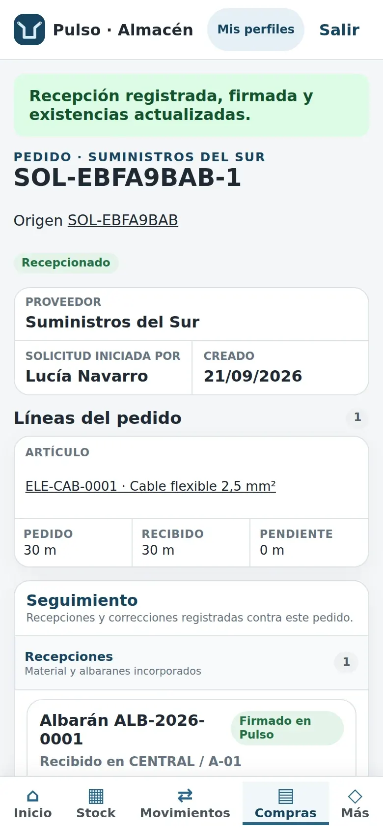 Recepción registrada y firmada: existencias actualizadas
