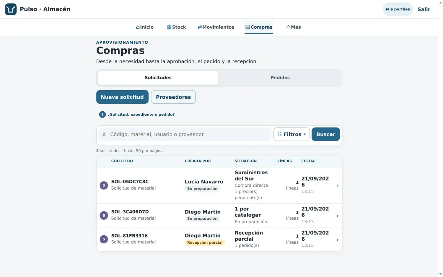 Lista de solicitudes