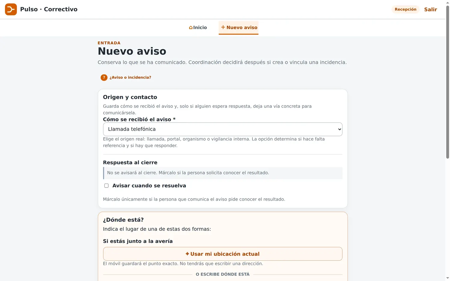 Pantalla Nuevo aviso