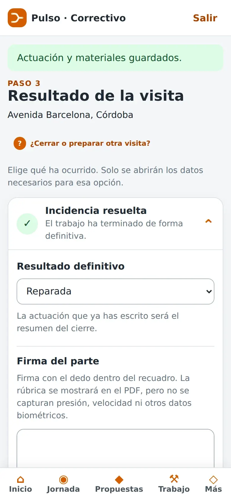 Resultado de la visita con Incidencia resuelta abierta
