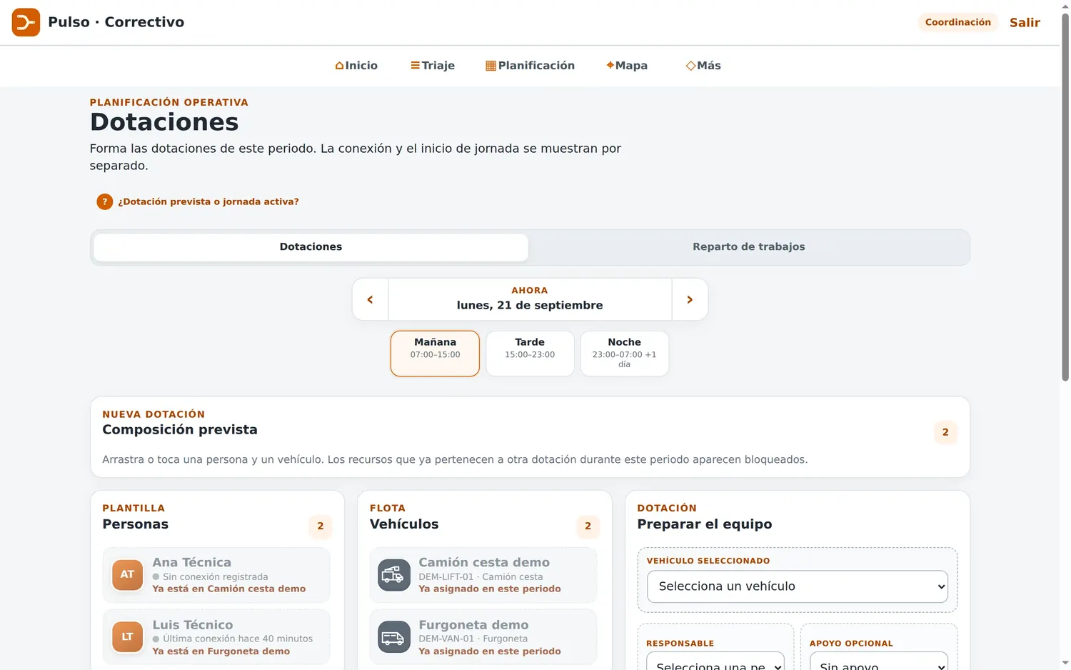 Dotaciones: composición prevista de una dotación