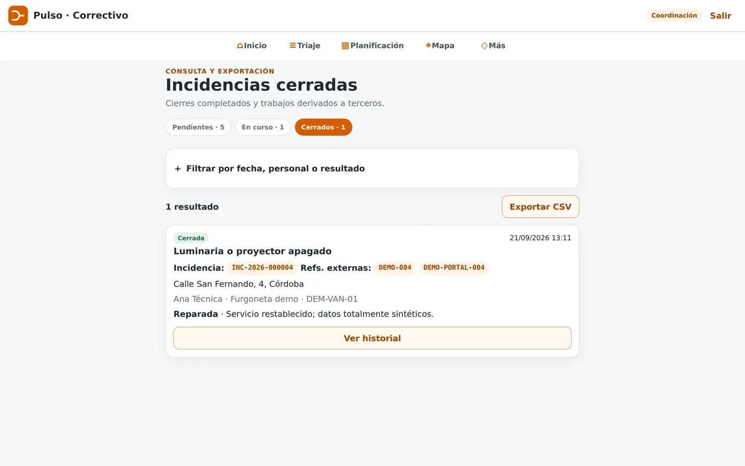 Incidencias cerradas: las tres vistas, el filtro y la exportación