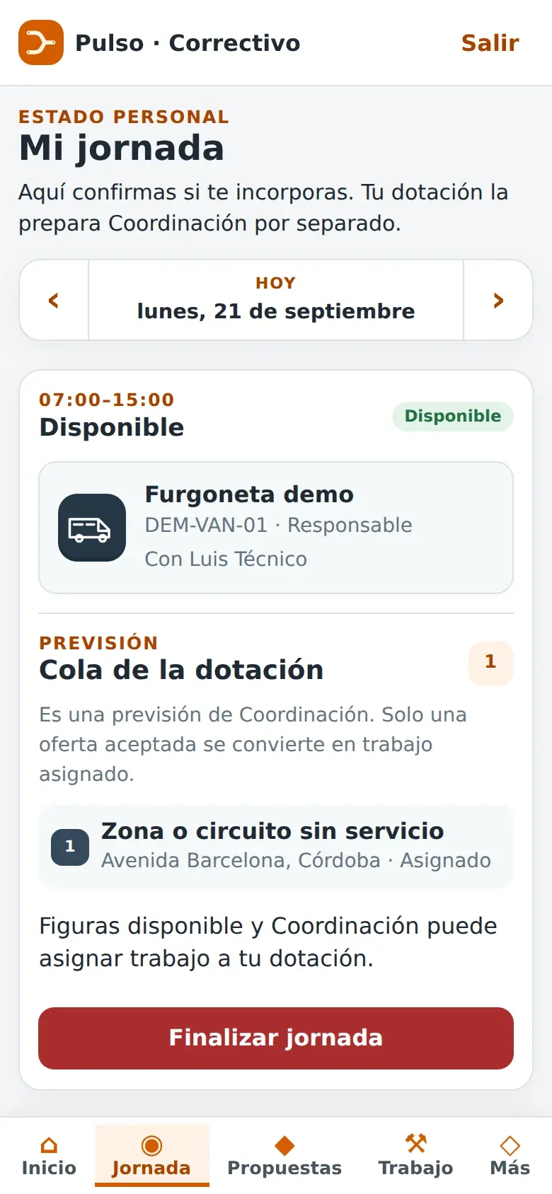 Mi jornada en el móvil: disponibilidad y cola de la dotación