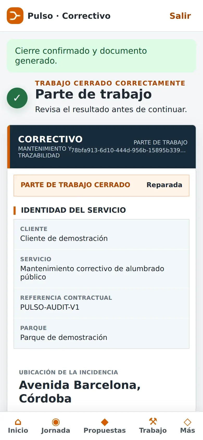 Parte de trabajo cerrado