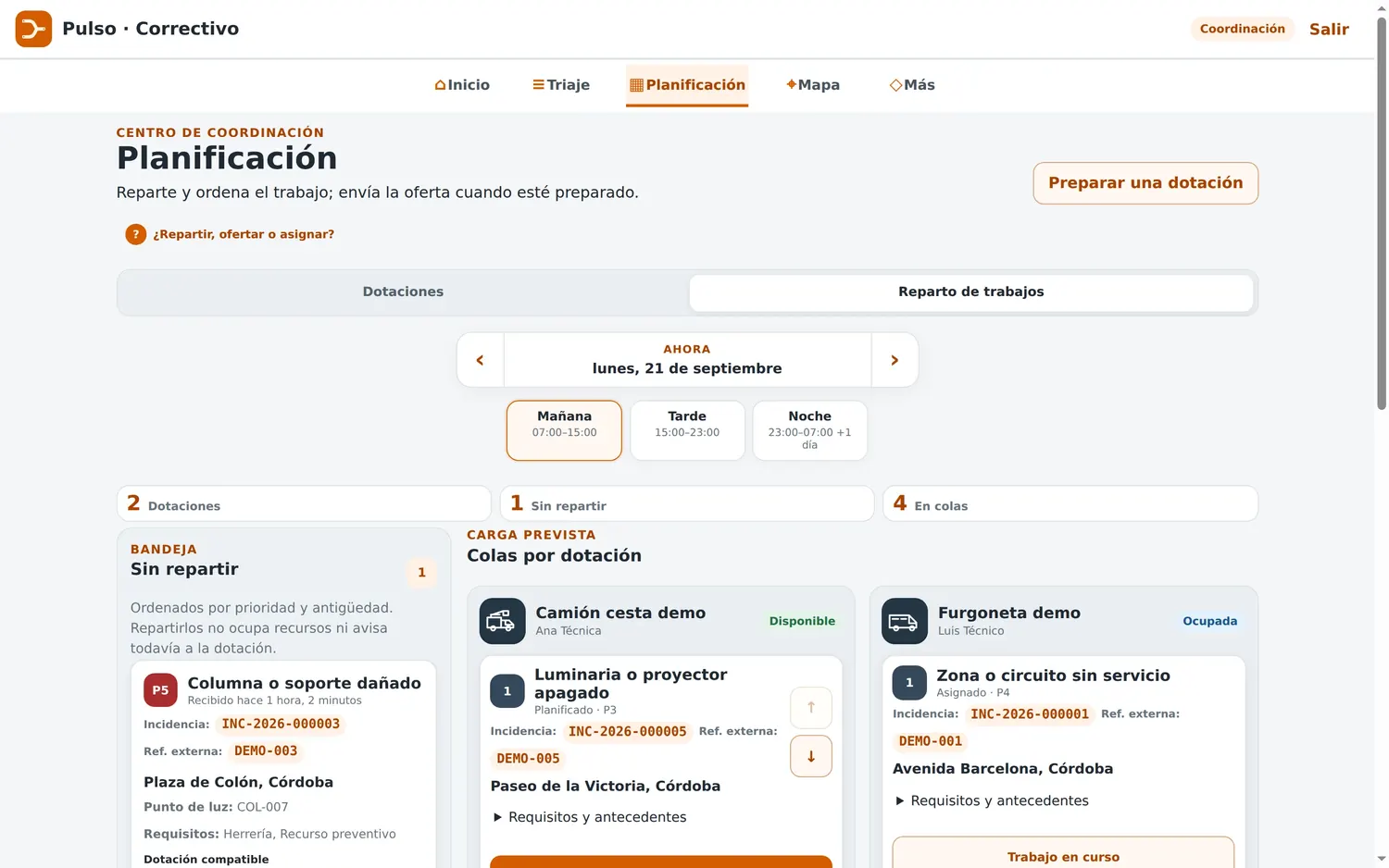 Planificación: bandeja «Sin repartir» y colas por dotación