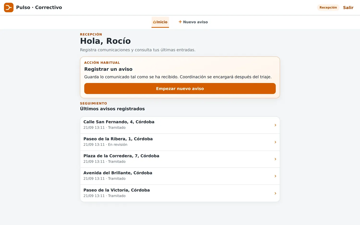 Portada de Recepción: la acción habitual y los últimos avisos registrados