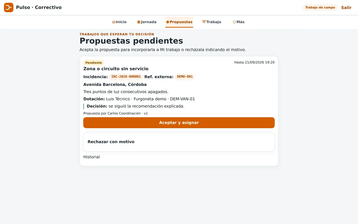 Oferta pendiente: aceptar o rechazar