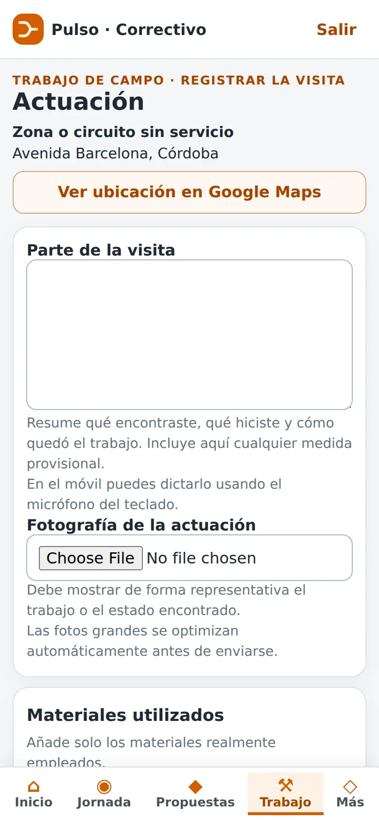 Formulario de visita en el móvil