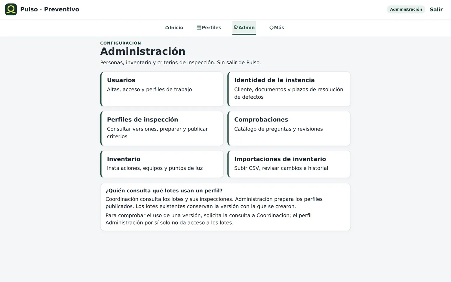 Panel del rol de Administración