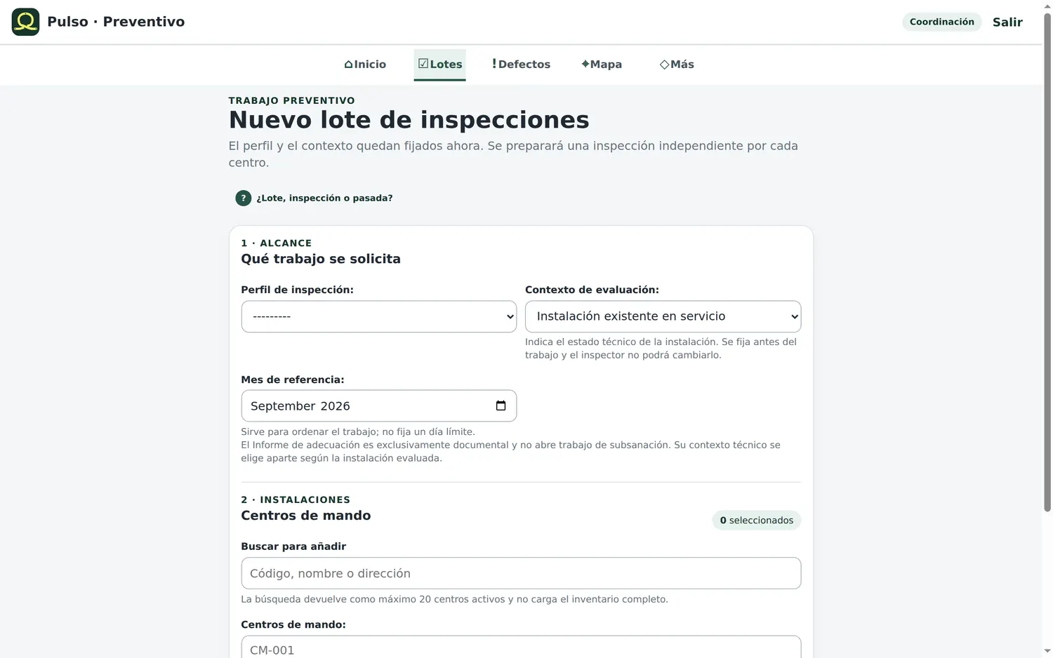 Pantalla «Nuevo lote de inspecciones»