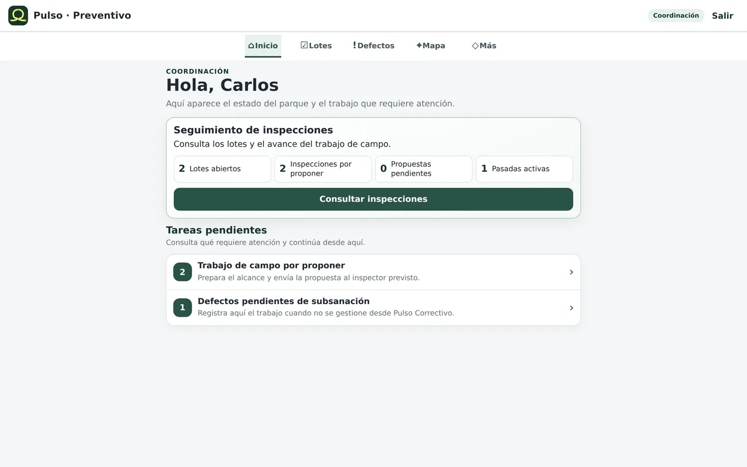 Portada del rol de Coordinación: seguimiento de inspecciones