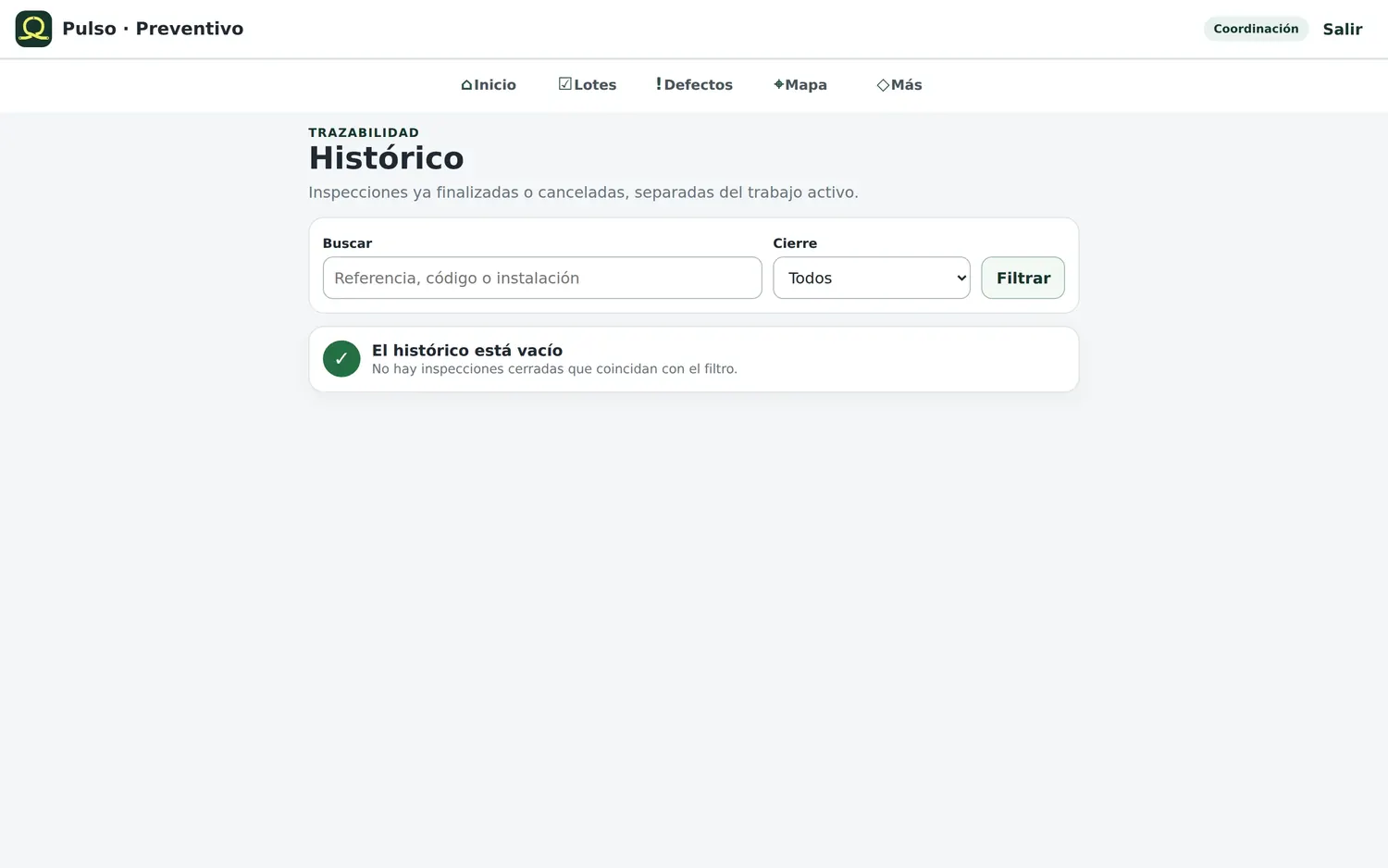 Histórico: inspecciones finalizadas o canceladas
