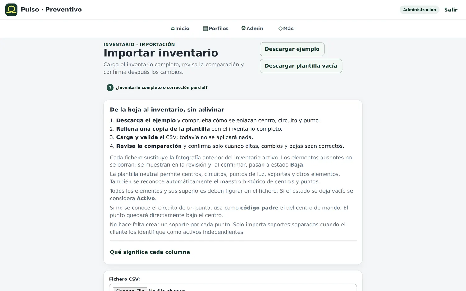 Pantalla «Importar inventario»