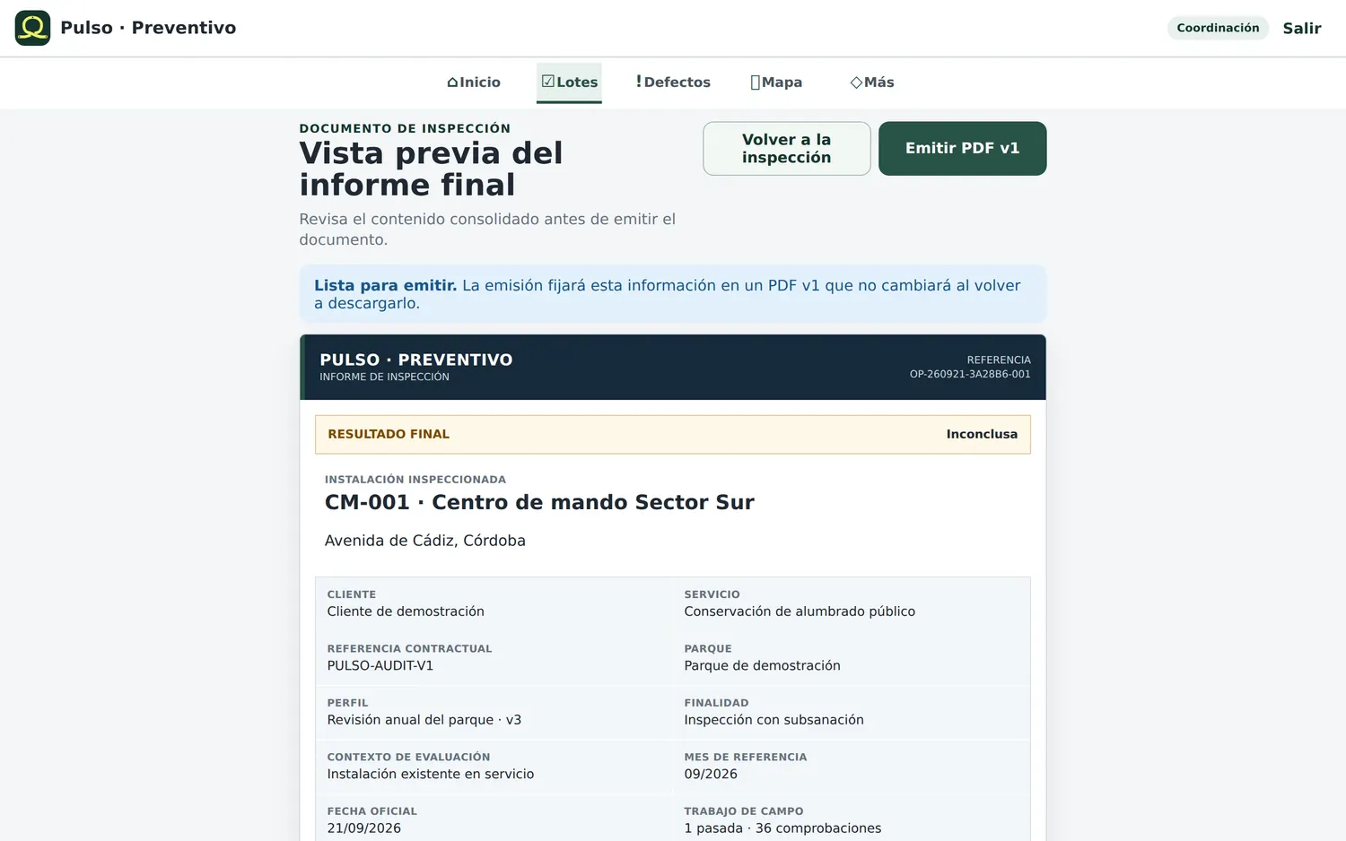 Vista previa del informe final, con el botón de emitir