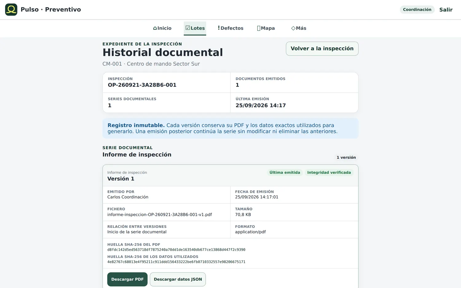 Historial documental con la versión emitida