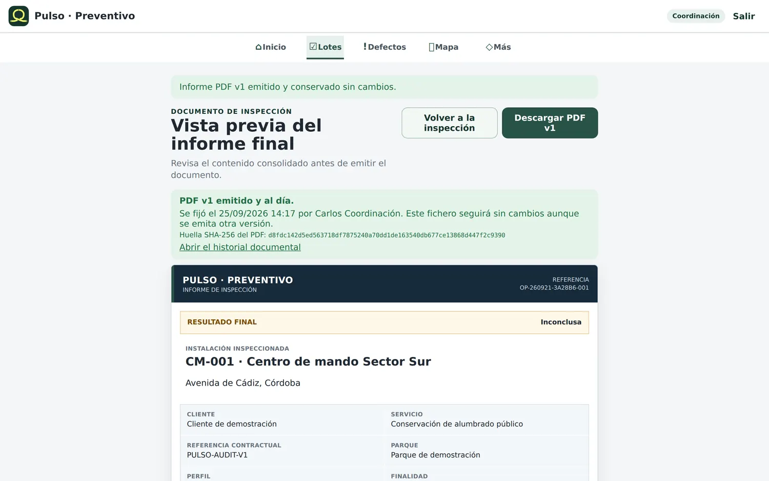 Informe PDF v1 emitido y fijado