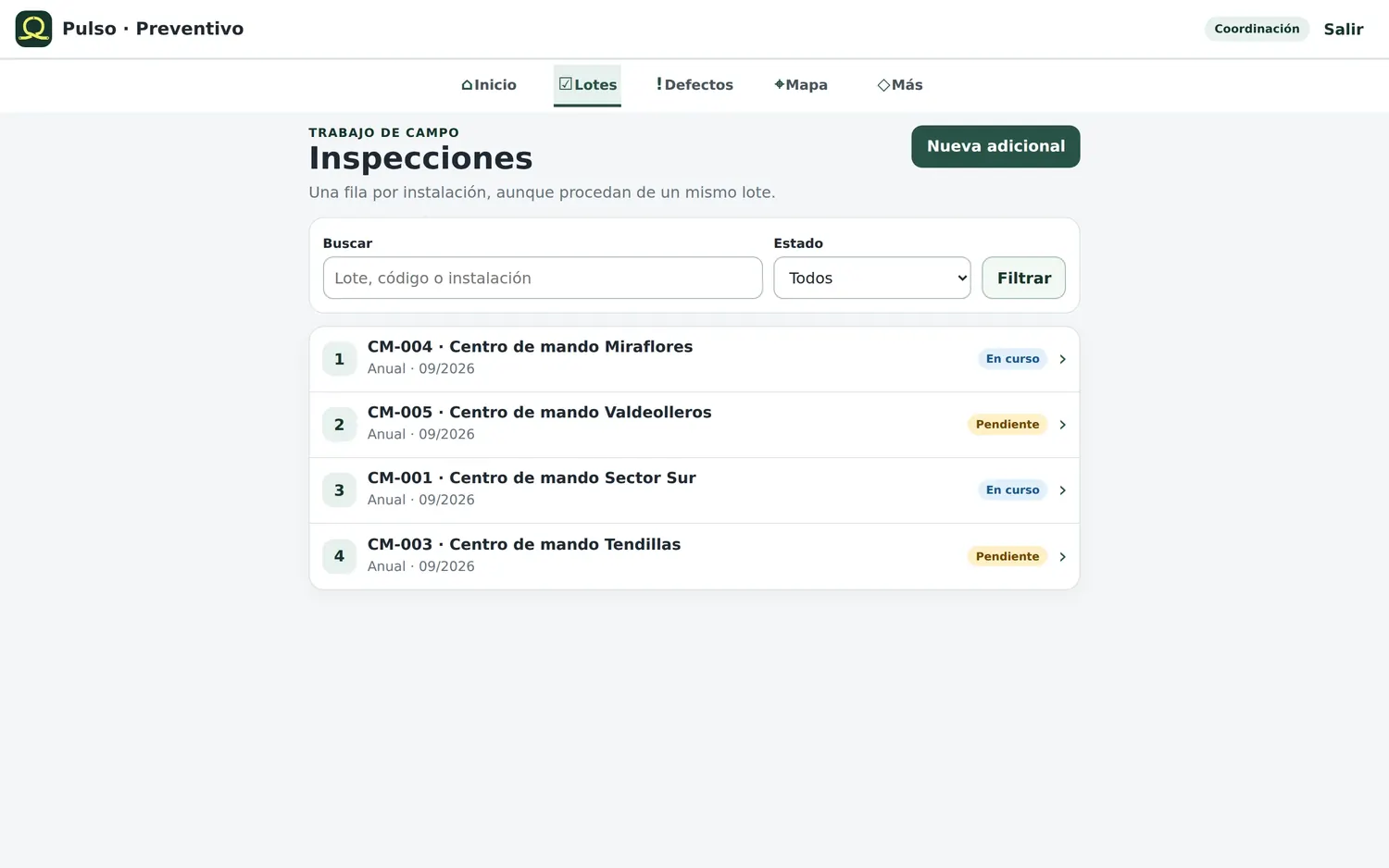 Inspecciones: una fila por instalación