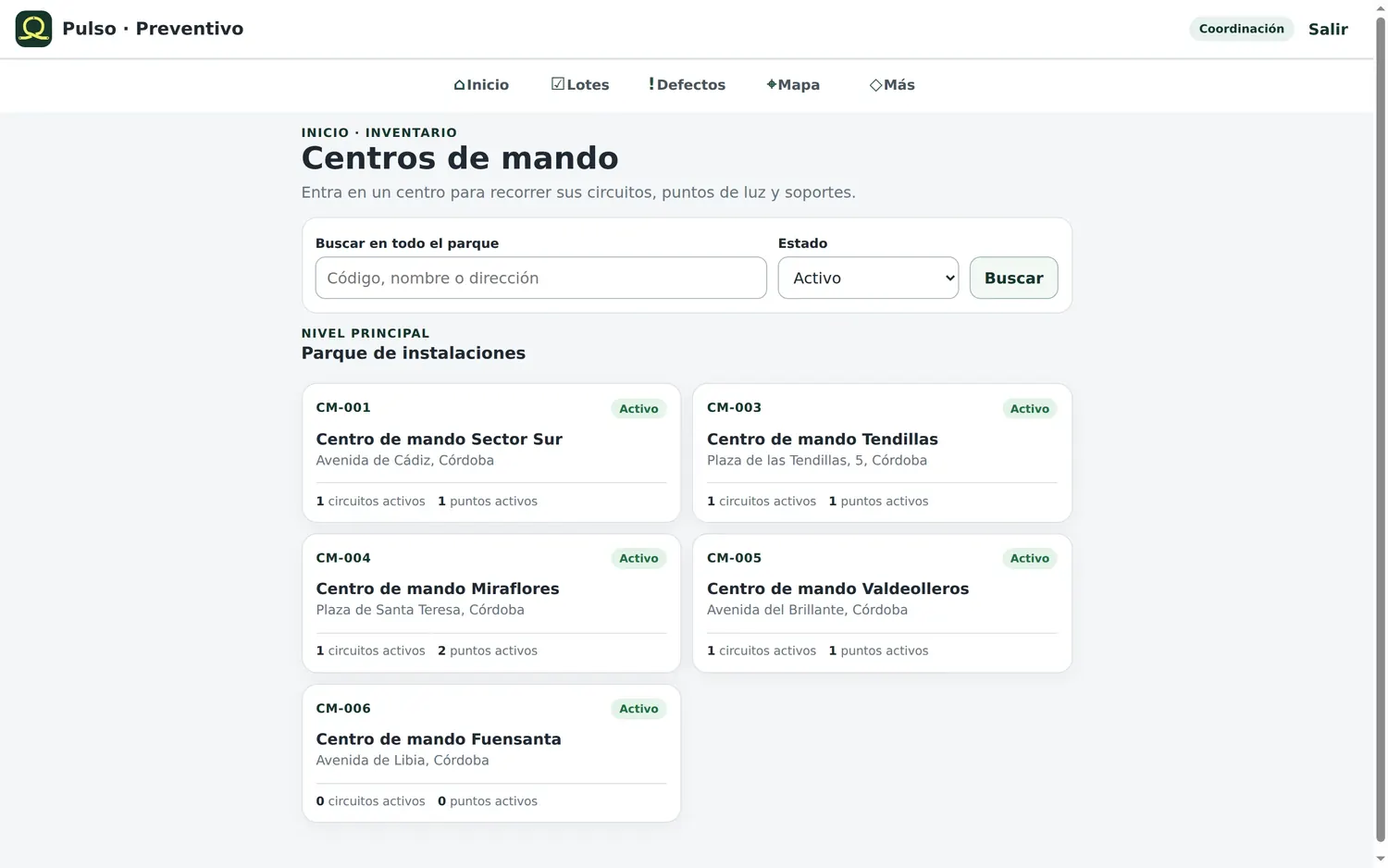 Pantalla «Centros de mando»