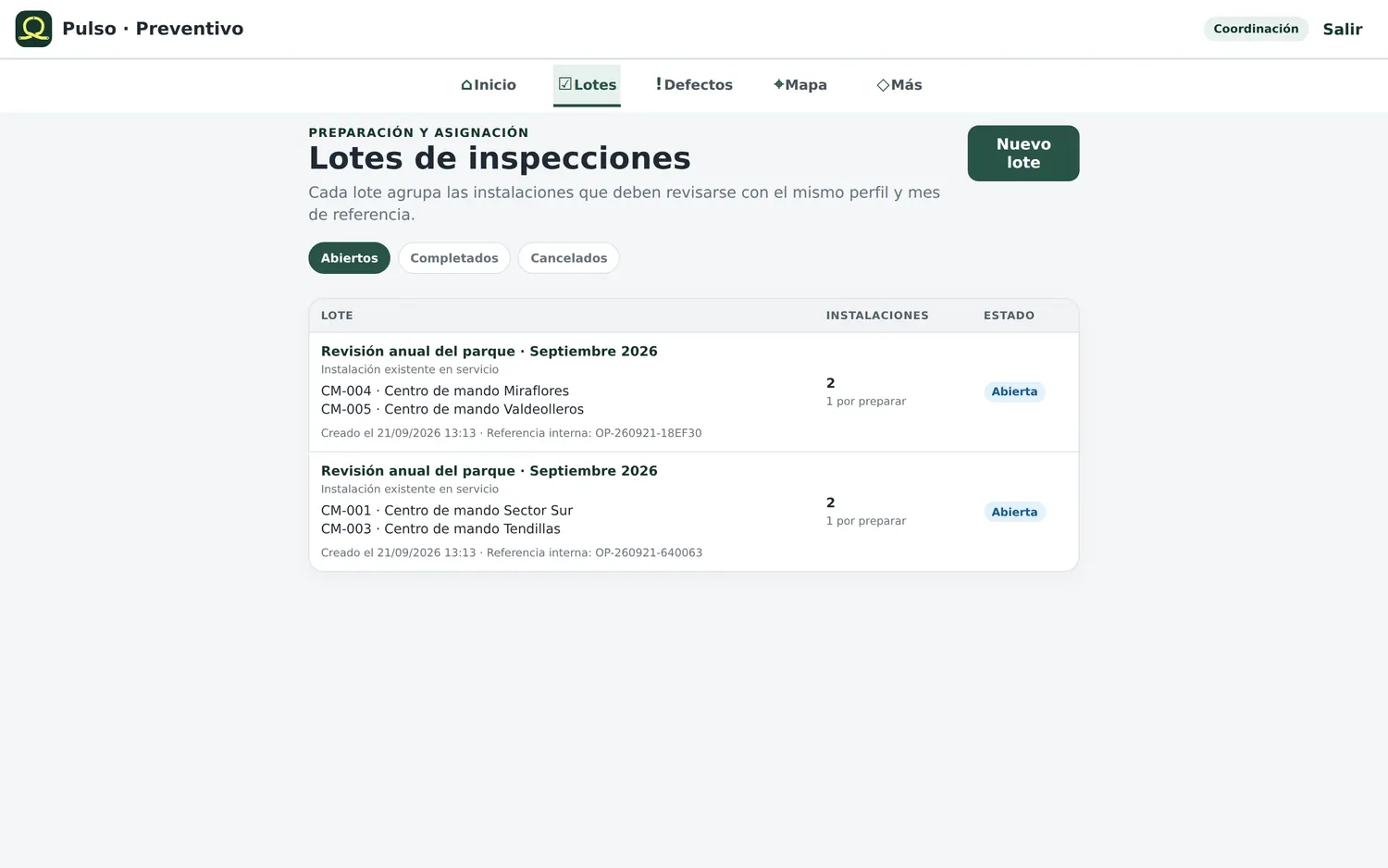 Pantalla «Lotes de inspecciones»