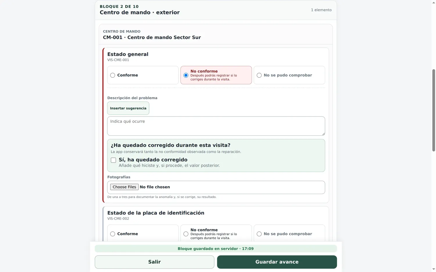 No conforme con descripción y opción de corregir en la visita
