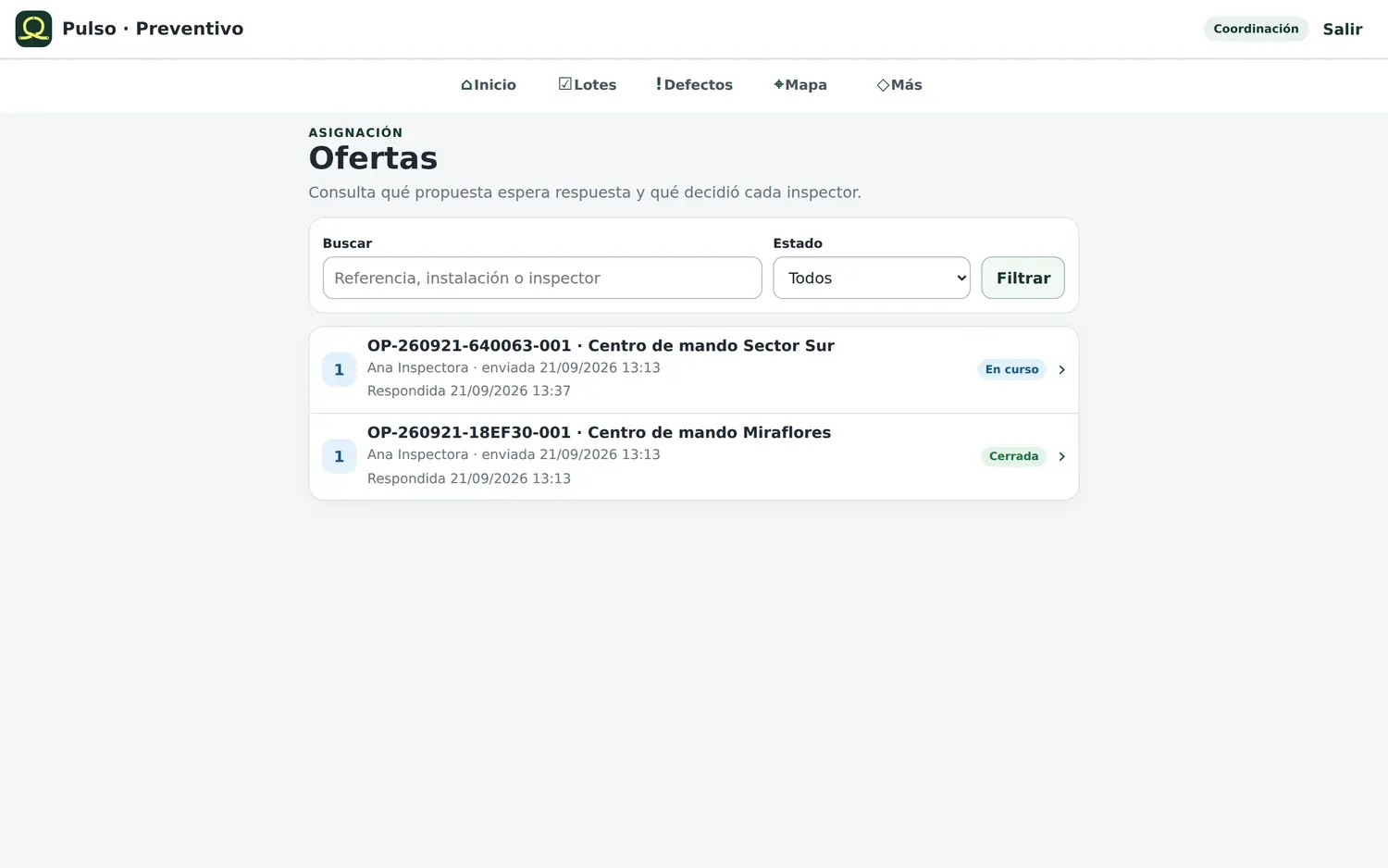 Ofertas: propuesta enviada y respuesta del inspector