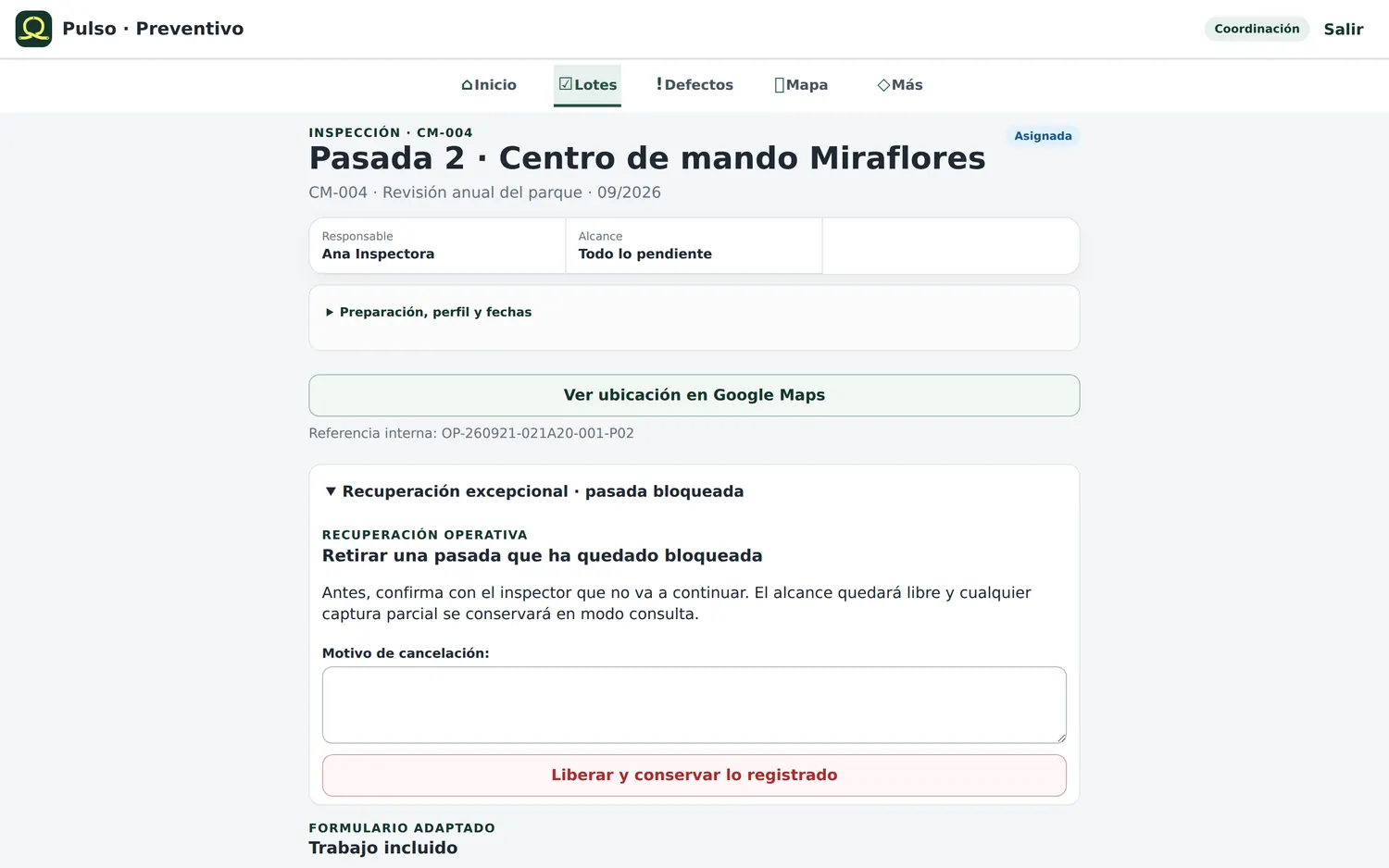 Panel de retirada de una pasada asignada
