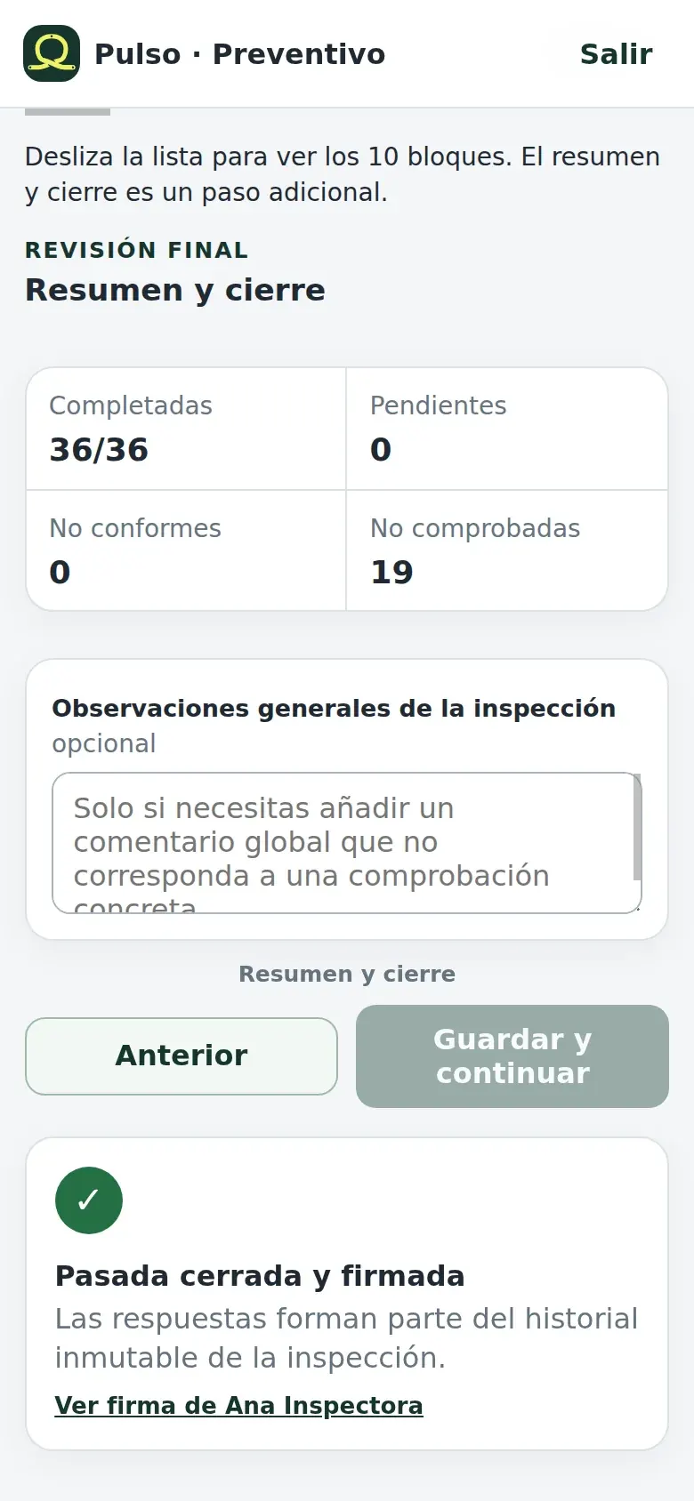 Pasada cerrada y firmada
