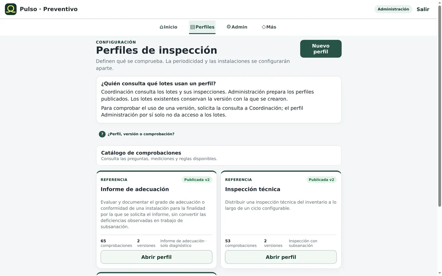 Pantalla «Perfiles de inspección»