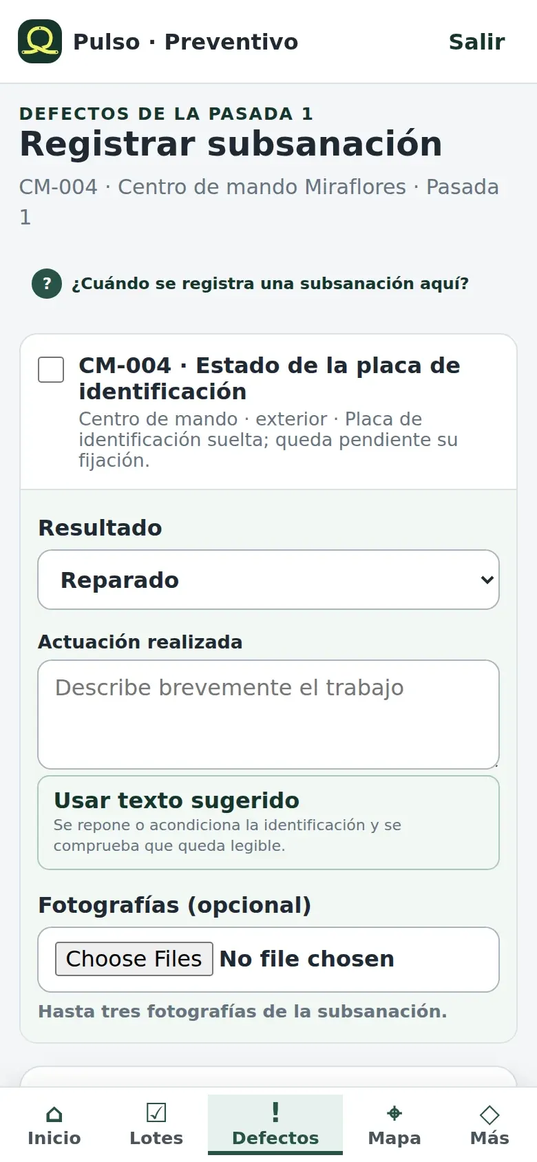 Registrar la subsanación de una pasada